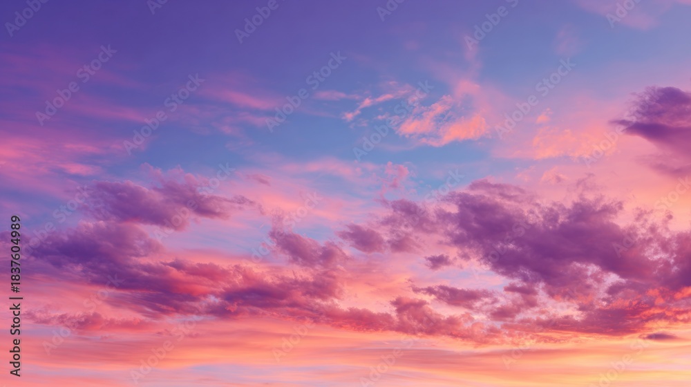 Obraz premium Vibrant sunset sky with clouds in shades of pink purple and orange colors