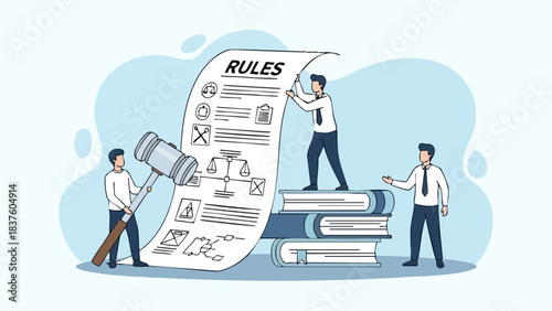 Businessmen with gavel and rule document on books, representing law and regulation.