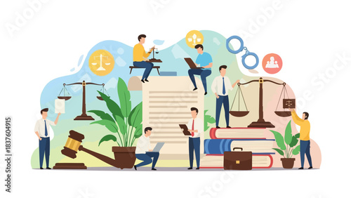 Legal team working with law and justice symbols.