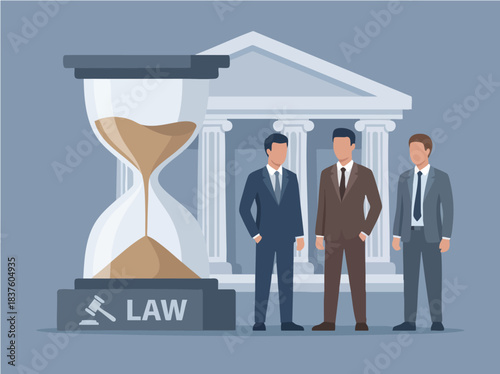 Three businessmen standing in front of a courthouse and an hourglass.