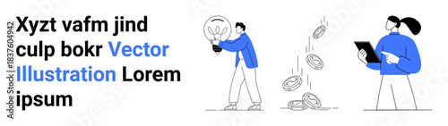 Business strategy, innovation, financial success, creative thinking, investment, decision-making. Person holding light bulb, coins falling another analyzing data. Innovation and financial success