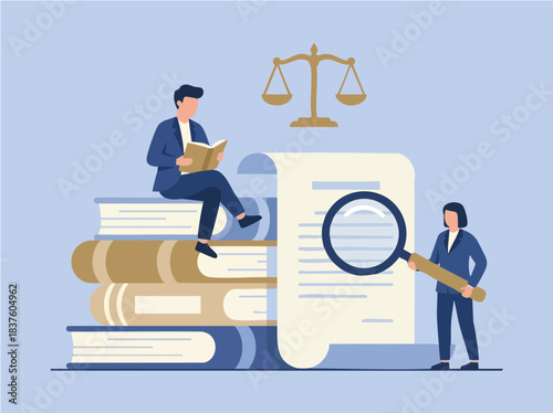 Legal professionals studying law documents and books with scales of justice.