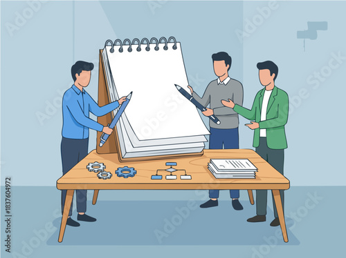 Three men collaborating on a large flip chart during a business meeting.