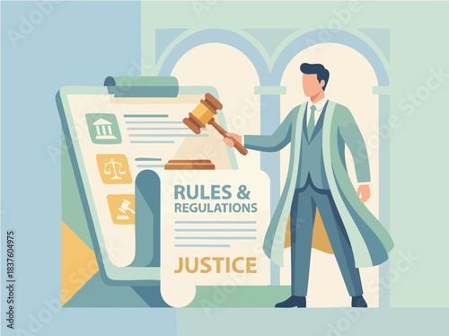 Judge with Gavel and Justice Documents.