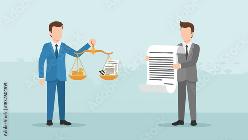 Two businessmen with scales and a document representing legal and financial matters.