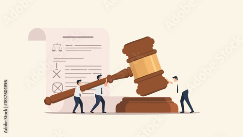 Tiny people carrying a giant gavel next to a legal document.