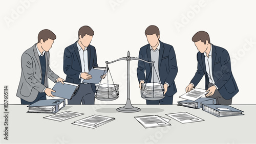 Four businessmen with documents and a scale representing legal or financial balance.