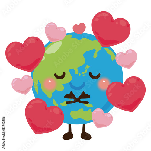 ハートを抱えた地球のキャラクターイラスト／Cute Earth Character Illustration Surrounded by Hearts