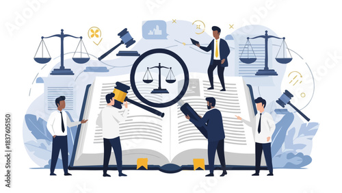 Legal team analyzing law book with scales of justice and gavels.