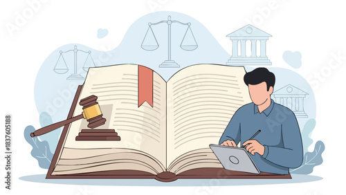 Man studying law with a large open book and gavel.