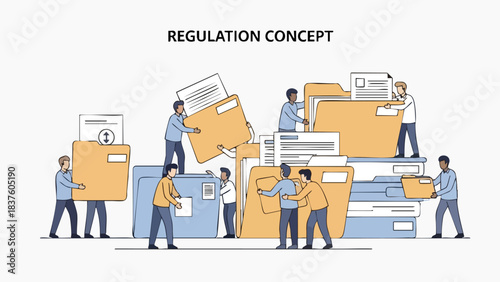 People managing documents and folders, representing regulation concept.