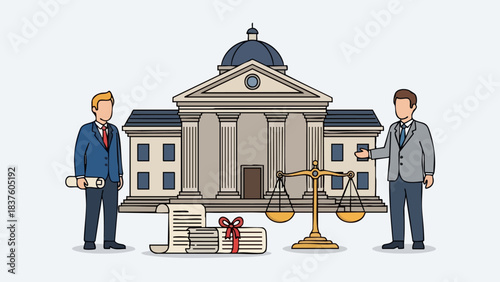 Lawyers and courthouse with legal documents and scales of justice.