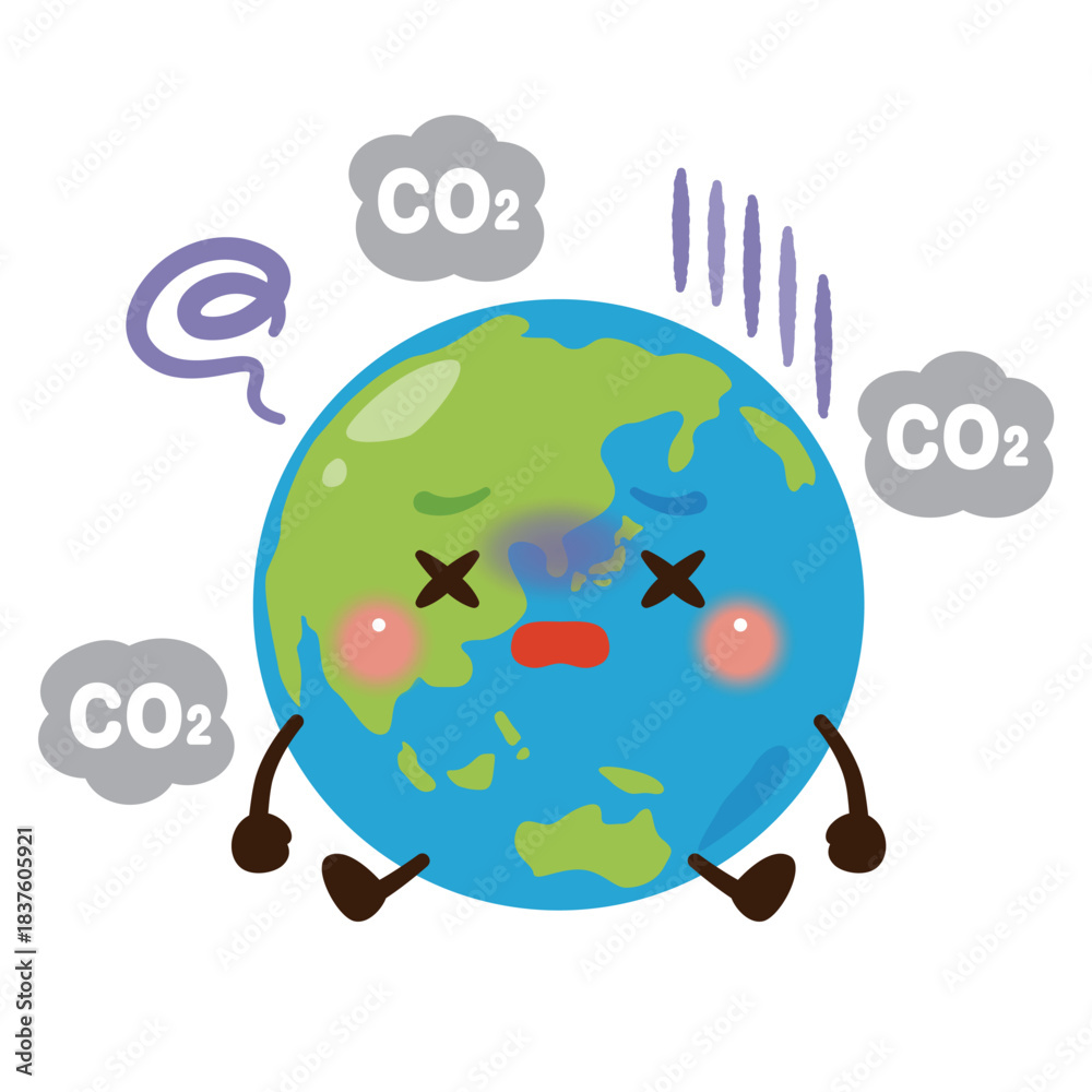 Naklejka premium 温室効果ガスに悩む地球のキャラクターイラスト／Cute Earth Character Illustration Troubled by Greenhouse Gases