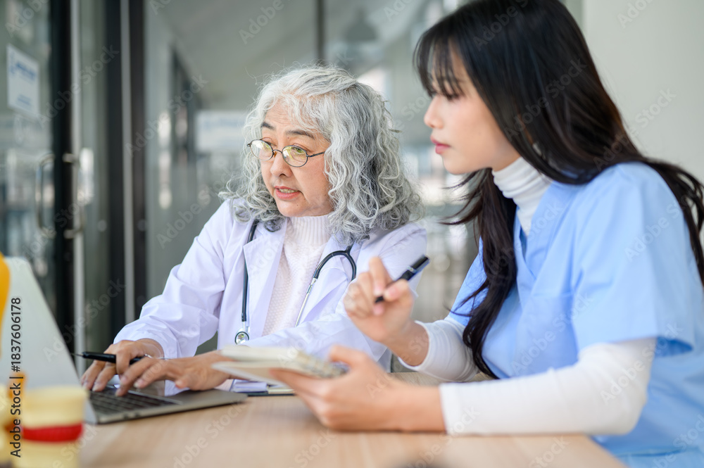 Fototapeta premium Old asian woman physician teaching and typing on laptop with young doctor taking note at exam table.