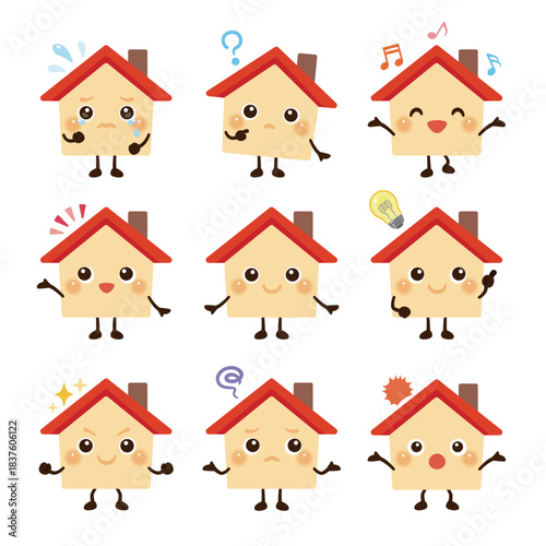 家のキャラクターイラスト　表情セット／Cute House Character Illustration – Expression Set