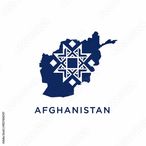 A dark blue map silhouette of Afghanistan with a white geometric star pattern and the country's name below.