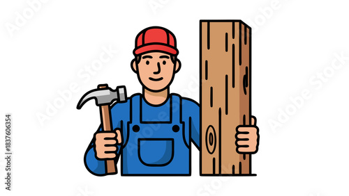 Cartoon Male Carpenter In Red Cap Blue Overalls And Blue Shirt Holding Hammer And Wood Plank In Dark Background