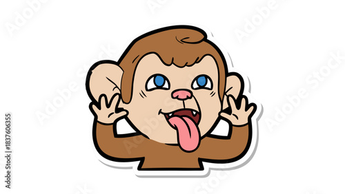 Cartoon Monkey Making Funny Face With Blue Eyes And Pink Nose Sticking Tongue Out And Fingers Near Ears On Black Background