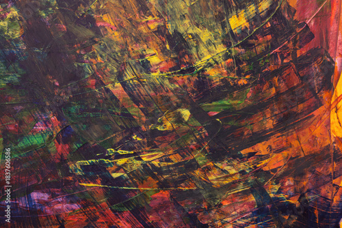 Abstract vivid colorful brush stroke patterns blend together to form a dynamic textured artistic grunge styled painted background	