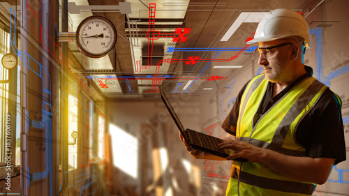 Fotografie HVAC engineering inspector evaluates ventilation and pipeline schematics on a laptop, checking system parameters and planning building installations