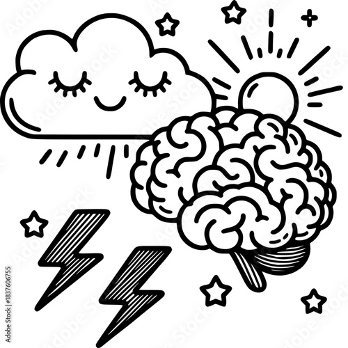 Mindscape: A conceptual illustration depicting the interplay of the brain with the elements of weather, symbolizing states of mind, emotions, and thoughts.