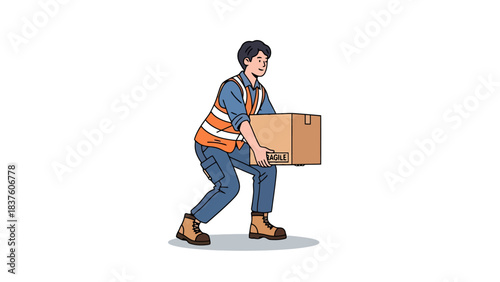Industrial Worker Safely Lifting a Cardboard Box in Warehouse Safety Vest and Boots
