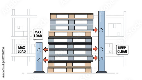 Warehouse Storage System with Stacked Pallets and Safety Signage