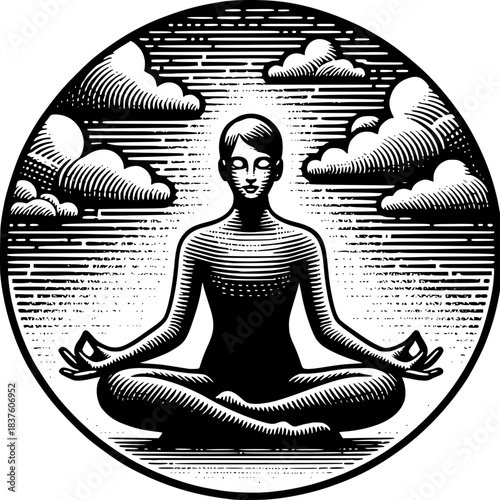 Serene Yoga: A minimalist line drawing depicting a figure in a yoga pose, encompassed by an artistic frame with clouds, all conveying tranquility and inner peace.