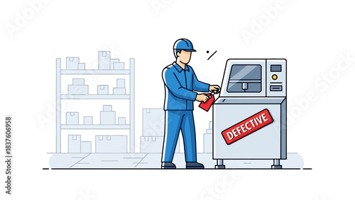 Factory Worker Inspects Defective Machine on Production Line