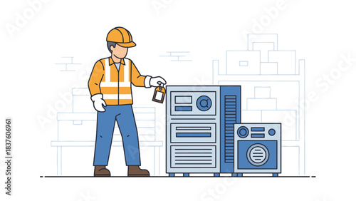 Technician Inspects Server Racks in Data Center Storage Room