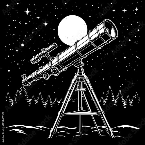 Stargazing Instrument: A classic telescope, set against a backdrop of a moonlit night sky filled with stars, symbolizing the pursuit of knowledge.