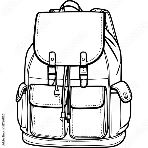 The Adventurer's Companion: A detailed line drawing showcases a sturdy and stylish backpack, perfect for any outdoor adventure, evoking a sense of exploration and preparedness.