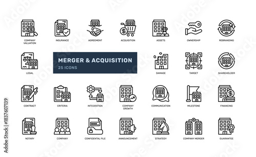 Merger and acquisition outline icon set for corporate and business use