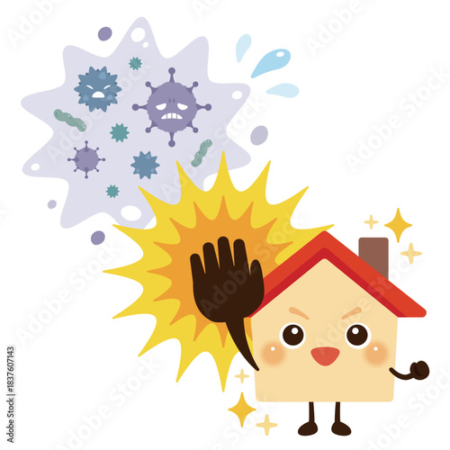 ウイルスをはじき返す元気な家のキャラクターイラスト／Energetic Cute House Character Illustration Repelling Viruses