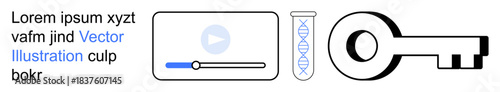 Digital media, genetic research, security, innovation, technology visualization, data analytics. a video play button, DNA helix and key. Digital media and genetic research concepts