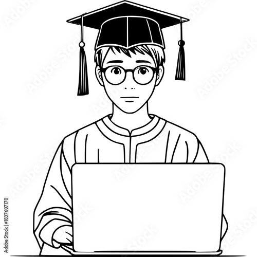 Academic Journey: A young student, adorned in a graduation cap, is deeply engrossed in his studies, using his laptop as he diligently prepares for his academic milestones.