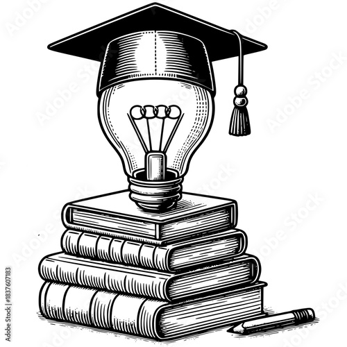 Illumination of Knowledge: A radiant light bulb, symbolizing inspiration and intellect, is nestled beneath a graduation cap, positioned atop a stack of academic books, along with a pen.