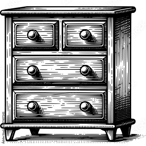 Antique Dresser: Intricate illustration of an antique dresser, crafted with meticulous detail, featuring drawers and knob, evoking a sense of history and classic design.