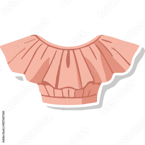 Peach Colored Ruffled Blouse With White Trim And A Tie Neckline On A White Background