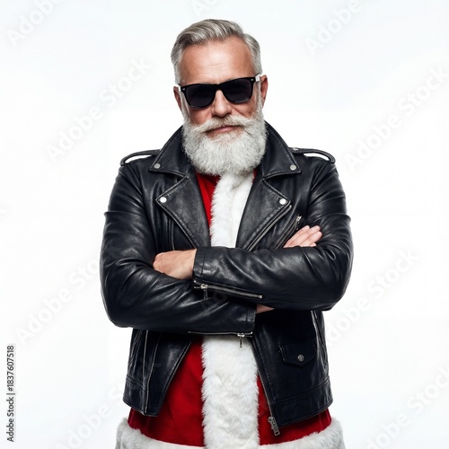 Cool modern Santa Claus wearing sunglasses and leather jacket folding arms isolated.