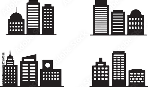 Four distinct black city silhouette sets are presented against a transparent white backdrop here