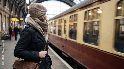 Woman standing on old railway station platform with leather bag watching moving train pass by, nostalgic departure concept.