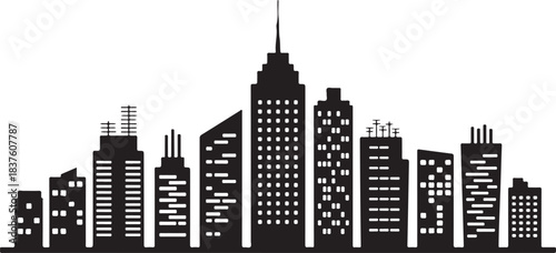Black skyline shows tall buildings with various window patterns against white transparent background