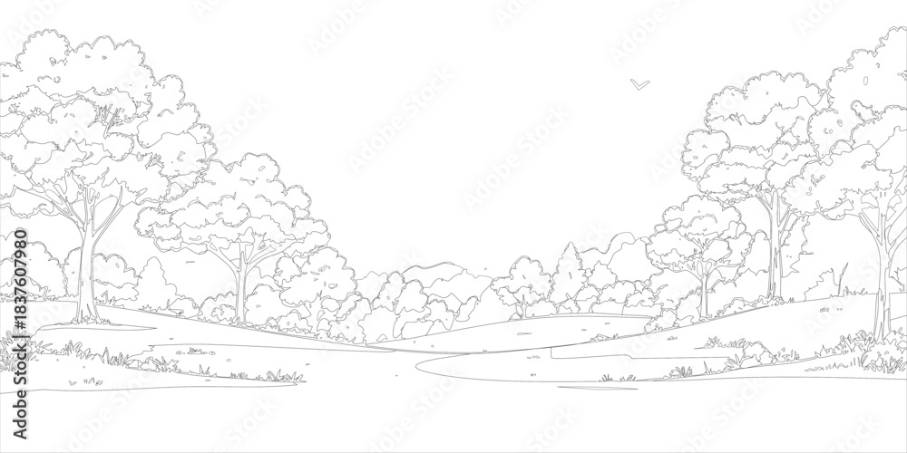 Obraz premium Nature park landscape outline drawing for coloring book page.