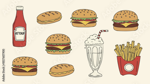 Hand Drawn Fast Food Collection with Burgers Fries and Milkshake.