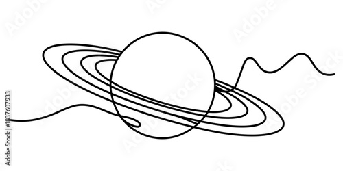 Minimalist continuous line drawing of saturn planet with rings and abstract wavy lines, isolated on continuous one line art of vector illustration