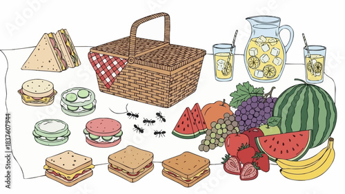 Delicious Picnic Spread with Basket, Sandwiches, Fruits, and Lemonade.