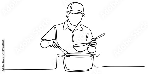 One line drawing of a chef or cook wearing a cap stirring food in a pot with a ladle and spoon, isolated on continuous one line art of vector illustration