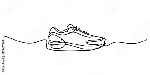 One line continuous drawing of a running shoe or sneaker with a flowing line underneath, isolated on continuous one line art of vector illustration