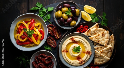 Wallpaper Mural Mediterranean Mezze Platter - Hummus, Olives, Peppers, and Pita Bread. Torontodigital.ca
